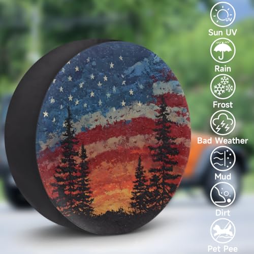 Image of Spare Tire Cover Forest Camping American Flag Wheel Covers Protectors Waterproof Dust-Proof Universal Fit Trailer, RV, SUV and Many Vehicle (15 inch for tire Diameter 27.55 inch-29.13 inch)