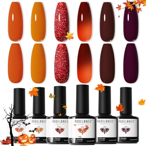 modelones Fall Gel Nail Polish Set 6 Colors, Brown Maple Orange Burgundy