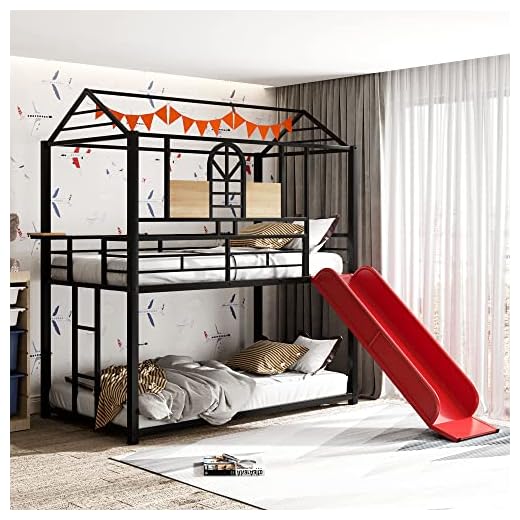 Tensun Twin Size Bunk House Bed with Slide and Ladder,Twin/Twin Metal Bunk Bed Frame with Guardrails for Kids Teens Girls Boys Bedroom, No Box Spring Needed,Black