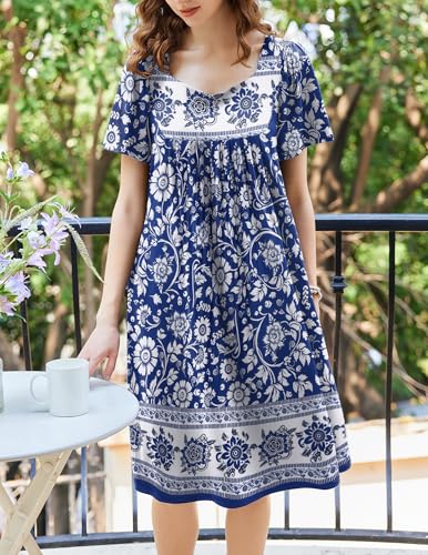 Ekouaer Women's House Dress - Pleated Nightgown with Short Sleeves & Pockets2