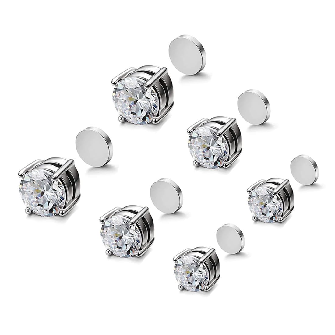 3 pary magnetycznych kolczyków ze stali nierdzewnej dla mężczyzn i kobiet unisex bez przekłuwania fałszywych magnesów zestaw kolczyków, 5/6/7 mm, srebrny, M, Stal nierdzewna