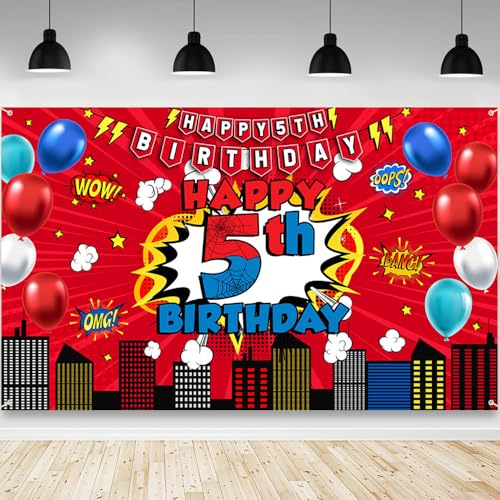 AIBIIN Red 5th Happy Spider Web Superhero Birthday Backdrop Banner 6x3.6ft