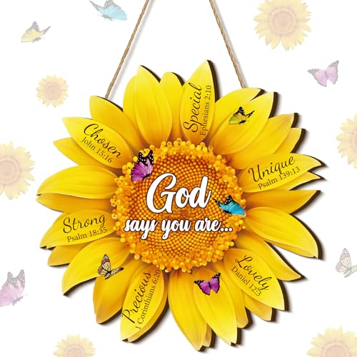 Panelee 11.81 Inch Sunflower Christian Wood Sign Inspirational Wood Wall Decor Bible Verse Wall Sign Bible Theme Scripture Hanging for Room Office Kitchen