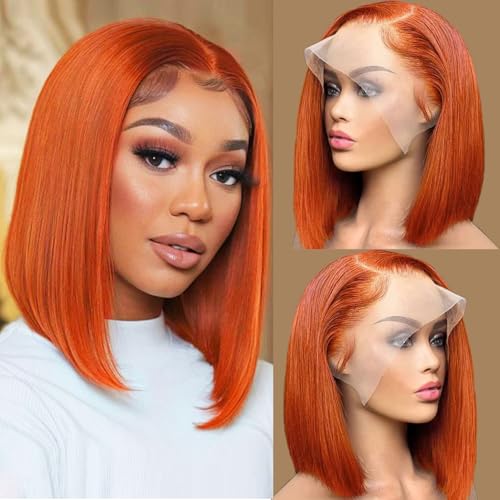 Superfect Ginger Bob Wig Human Hair 13x4 Lace Front Wigs Human Hair Pre Plucked 14 Inch Hd Glueless Lace Frontal Wig Short Transparent Wigs For Black Women (14 Inch Ginger Orange)
