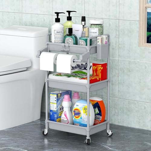 SPACEKEEPER Rolling Storage Cart, 3 Tier Utility Cart Laundry Room Organization Mobile Shelving Unit Bathroom Organizer with Towel Rack, Lockable Wheel, Hooks & Cup for Kitchen Office, Grey - Thumbnail 6