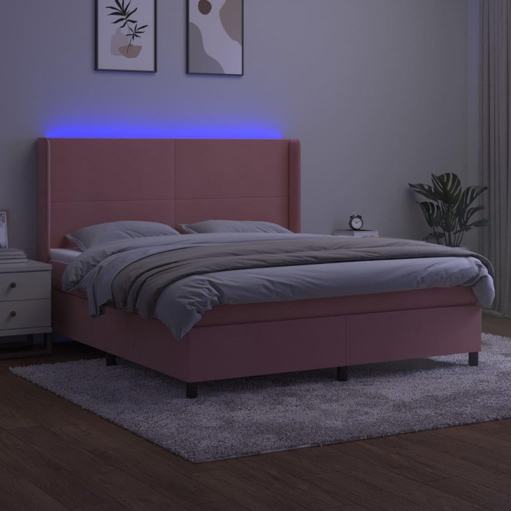 Aksamitny z regulowanym zagłówkiem LED Różowe 180x200 cm | Łóżko kontynentalne z materacem i LED, różowy aksamit 180x200cm, regulowany zagłówek, sprężyny kieszeniowe