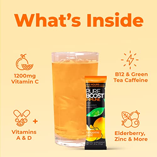 Image of Pureboost Sugar-Free Immune Clean Energy Booster Drink Mix, Tangerine 30ct | With 1,200mg Vitamin C, Vitamins A + D, Zinc, Antioxidants & Elderberry for Immune Support