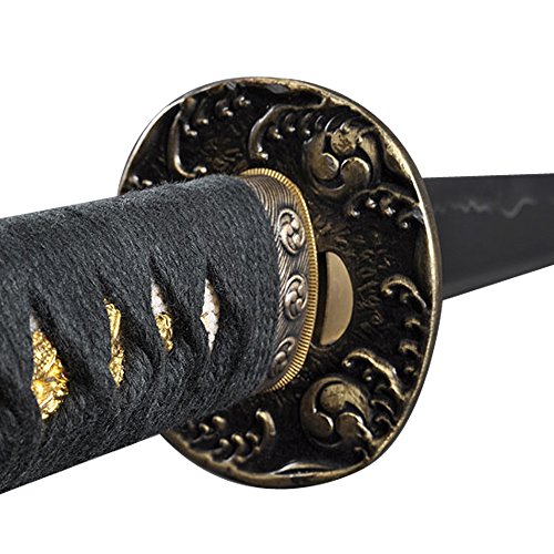 Handmade Sword - Samurai Katana Sword, Practical, Hand Forged, 1045 Carbon Steel, Heat Tempered, Full Tang, Sharp, Waves Pattern Tsuba, Black Wooden Scabbard Painted Willow and Flower Pattern