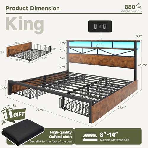 Image of Homkdom King Size Bed Frame with Large 4 Drawers, 2-Tier Shelf, LED Light and Charging Station, Heavy Duty Platform Bed with 880 lbs Capacity, Easy Assembly, Vintage Brown