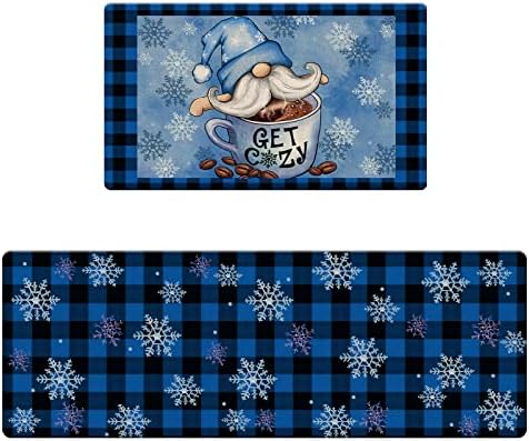 Stology Get Cozy Gnome Winter Decorative Kitchen Rugs Set of 2, Blue Buffalo Plaid Anti-Fatigue Kitchen Mat Snowflakes Non-Slip Floor Mat, Winter Decorations for Home Kitchen - 17x29 and 17x47 Inch