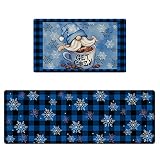 Stology Get Cozy Gnome Winter Decorative Kitchen Rugs Set of 2, Blue Buffalo Plaid Anti-Fatigue Kitc