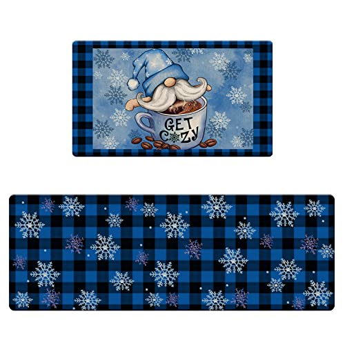 Stology Get Cozy Gnome Winter Decorative Kitchen Rugs Set Of 2, Blue Buffalo Plaid Anti-Fatigue Kitchen Mat Snowflakes Non-Slip Floor Mat, Winter Decorations For Home Kitchen - 17X29 And 17X47 Inch #TOP18