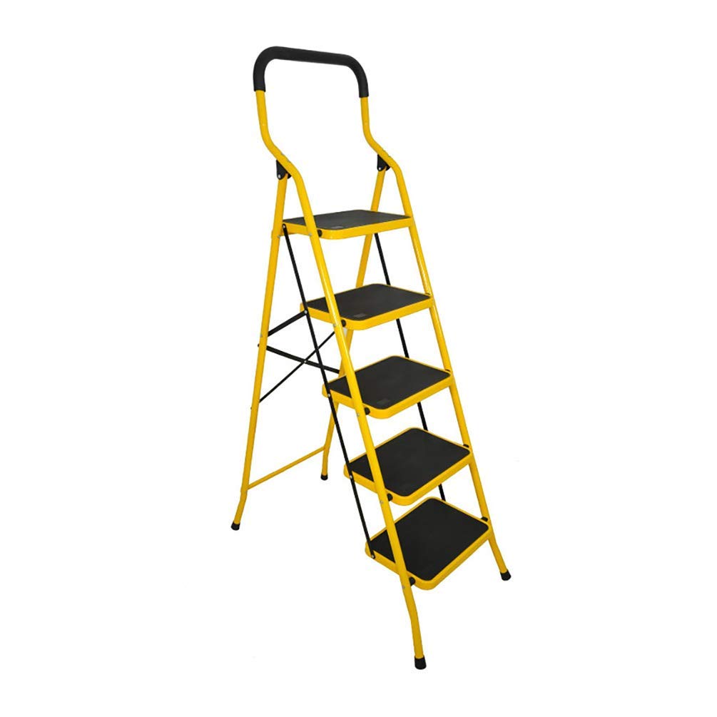 BAOYOUNI5 Step Ladder Folding Step Stool Safety Portable Heavy Duty Stepladders with Handgrip Anti-Slip and Wide Pedal Household Tool for Home Office Garage (5 Steps, Yellow)
