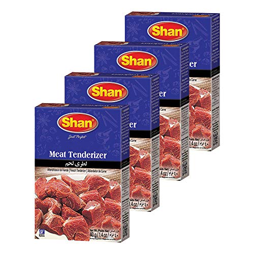 Shan Meat Tenderizer Seasoning Mix 1.4 oz (40g) - Double Strength Tenderizing High Altitude Cooking Powder - Suitable for Vegetarians - Airtight Bag in a Box (Pack of 4)