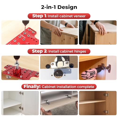 Gugxiom 2-in-1-Schablone für Regalstifte und Schrankscharniere, Aluminiumlegierung Bohrschablone für die Holzbearbeitung mit 1/4, 5 mm, 2 mm und 35 mm Bohrern, Schrankbeschlagvorrichtung