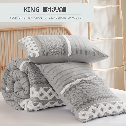 Image of INK+IVY King Comforter Set, Boho Comforters, Breathable Cotton Bed Set, All Season Modern Chenille Tufted Comforter with Farmhouse Bedding Flare, Gifts for Woman, Gray 3 Piece