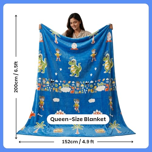 Image of Famyo GlowMaxx Glow Blanket for Kids - Rexy the Dino | Kids Blanket 0-15 Yrs | 200x152 cm Double Bed Blanket | Soft Flannel Blankets for Winter | Lab-Tested & Safe, (Blue)