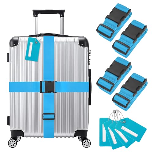 Image of M METERXITY 4-Sets Luggage Straps TSA Approved, Travel Straps for Luggage Suitcase Tags Set, Adjustable Suitcase Belt [Sky Blue]
