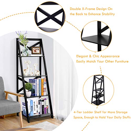 Tangkula 4-Tier Ladder Shelf Bookcase Leaning Free Standing Wooden Frame Decor Bookshelf Storage Flower Shelf Plant Display Shelf for Home Office