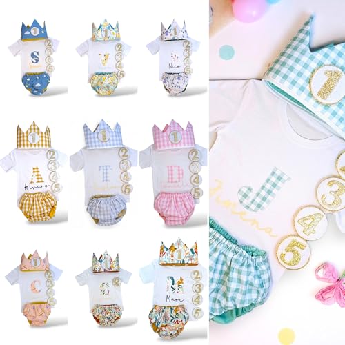 Conjunto Cumpleaños 1 año Personalizado - Camiseta con nombre Bebé - Regalo primer cumpleaños - Smash Cake - Corona cumpleaños (Vichy Rosa) (Mint)