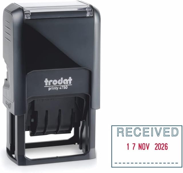 4750 Self Inking Word and Date Stamp - 42x26mm Received Text Plate with Blue and Red Ink
