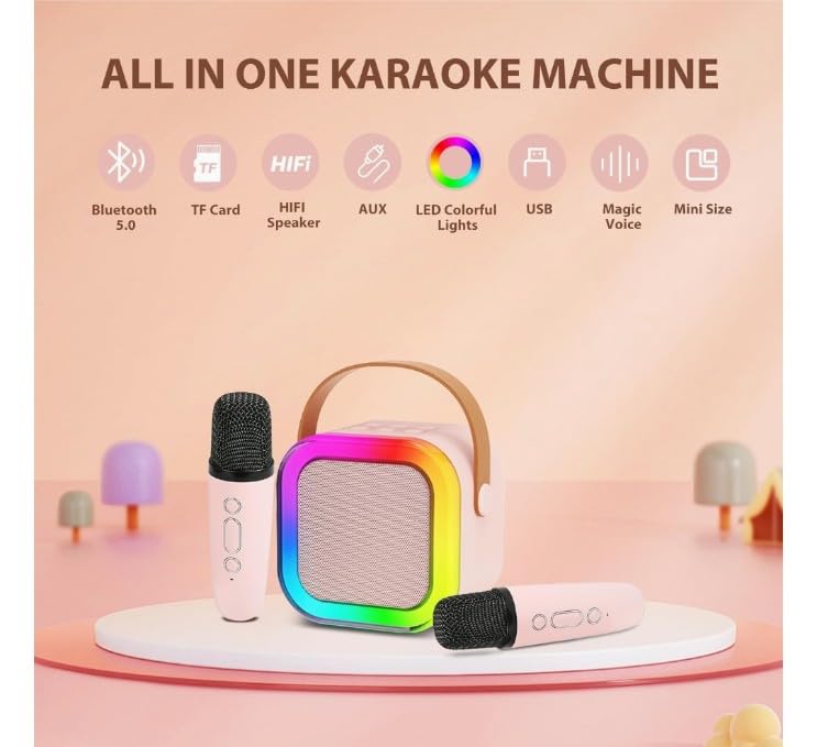 Image of Mini Karaoke Machine for Kids, Portable Bluetooth Speaker with Wireless Microphone, LED Lights, Voice Changer, Girls Gift Ages 3-12