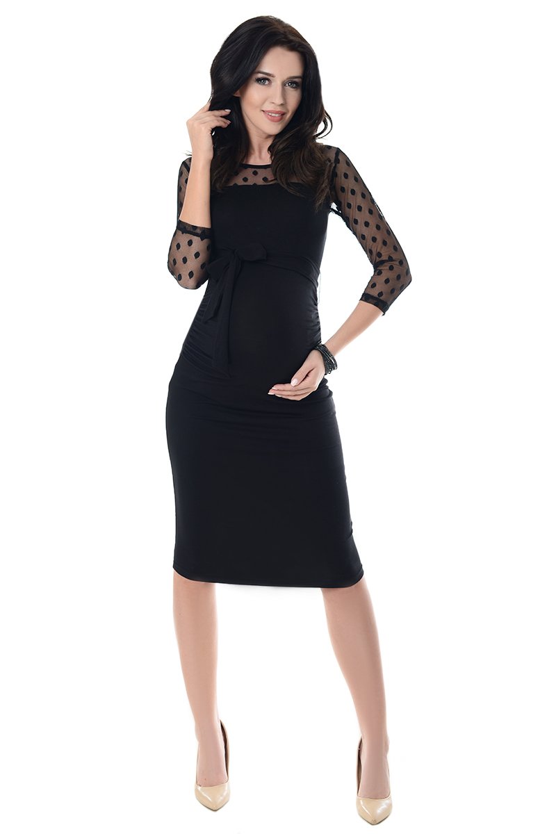 Purpless Maternity Ruched Bodycon Pregnancy Dress with Sheer Mesh Panel D008 (8, Black)