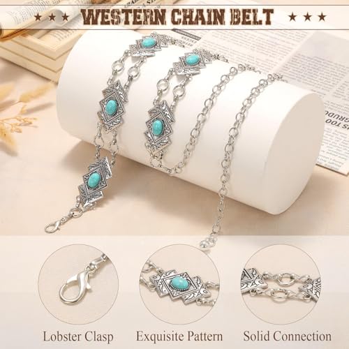 Image of WHIPPY Western Metal Concho Belt for Women Vintage Cowgirl Boho Turquoise Chain Belts for Dresses Jeans
