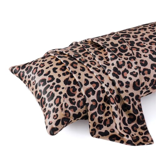 MR&HM Satin Body Pillow Cover Soft and Breathable Body Pillow Case with Envelope Closure Cooling and Silky Long Pillowcase for Hair and Skin Grey (20x54 Brown Leopard)