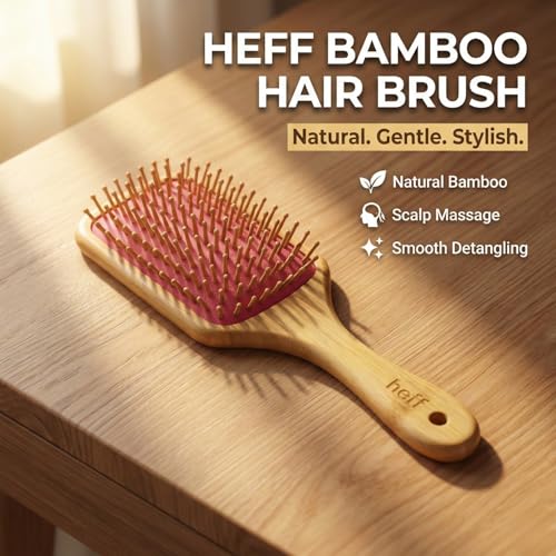 Image of Heff Bamboo Hair Brush, Dark Pink, Wooden Bristles Paddle Brush, 9.5 Inches x 3.3 Inches