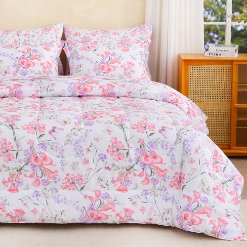 Image of lasoftan Floral Queen Comforter Set with Sheets, 7 piece Luxury Vintage Bedding, Soft Microfiber Bed in a Bag, Cozy Lightweight Bed Set, Pink Floral Botanical