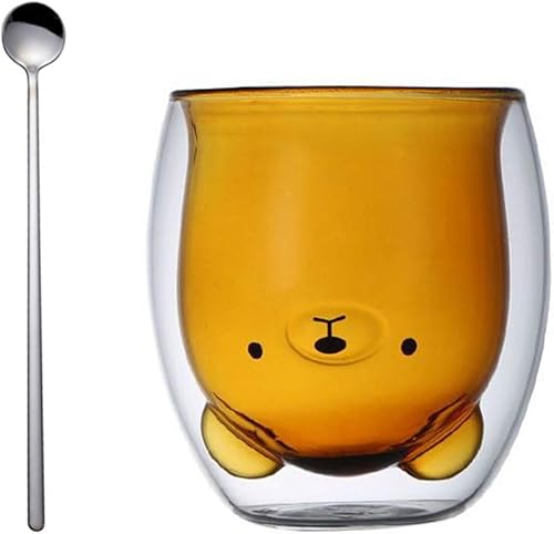 Ophelia Tazas de café creativas de cristalería de 10 onzas con cuchara, aislantes de doble pared en forma de oso, juego de tazas para bebidas frías