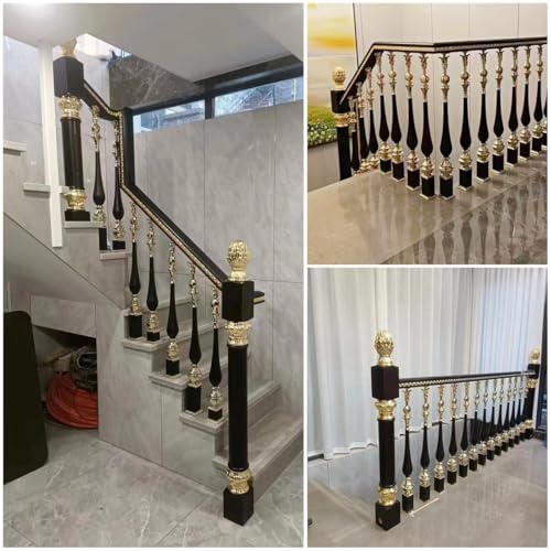 Luxury Black and Gold Stair Railing Post - Heavy Duty Aluminum Alloy & Wood Newel Post for Villa, Mansion, Home, Hotel - Stylish Staircase Baluster Column & Banister Decoration
