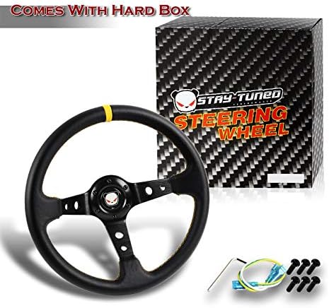 Q1-TECH, Steering Wheel - (Deep Dish) - 350mm (13.78 inches) - Black Leather with Black Spokes/Yellow Stripe, Drifting Deep Dish 350mm 6 Hole Sport Steering Wheel Racing Trim Universal