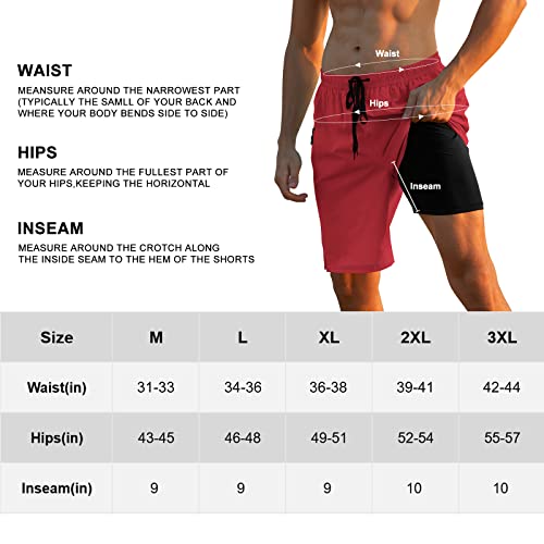 Cozople Mens Swim Trunks With Compression Liner Quick Dry Printed Beach Board Shorts Swimwear With Zipper Pockets Red #TOP2