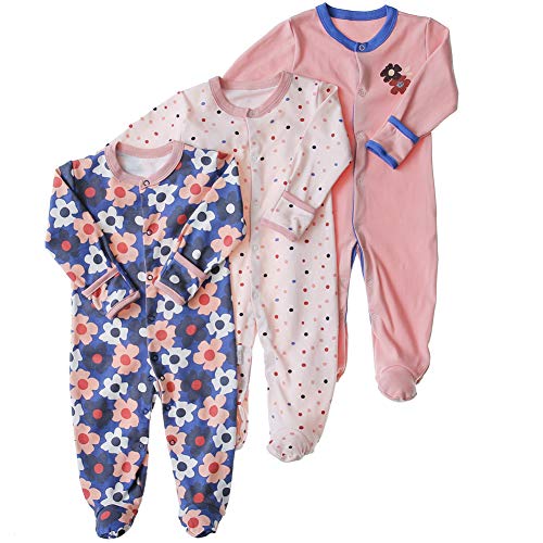 Image of Aablexema Baby Footie Pajamas with Mittens - 3Pcs Infant Footed Sleeper Cotton Sleepwear Outfits (0-3M, Flower(Snap))