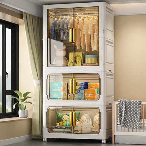 Image of EXVITO 1+2 Door Kids Plastic Wardrobe for Clothes, Foldable Plastic Almirah for Clothes, Collapsible Wardrobe for Storage, Baby Cupboard for Clothes, Storage Rack for Kids - Transparent
