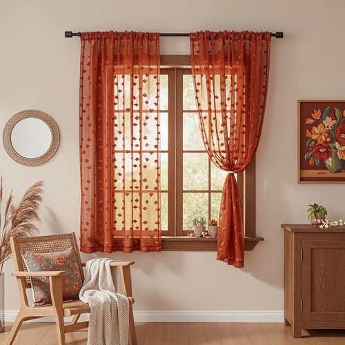 MYSKY HOME Terracotta Boho Sheer Curtains with Pom Pom 36Wx63L,2 Panels