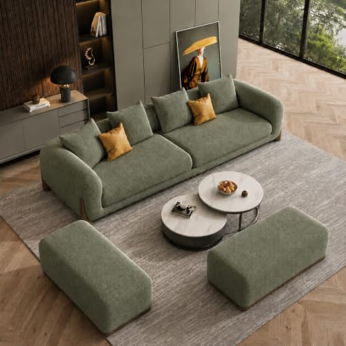 Image of Modern Boucle Sofa for Living Room Bedroom Reception and Office Wooden Polished Leg Sofa for Living Room (Green, 3 Seater +Ottoman Set)