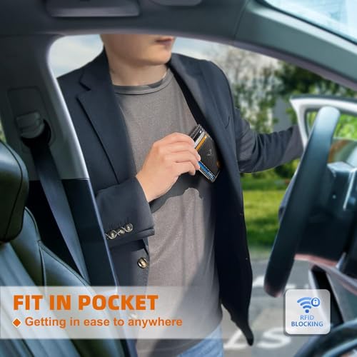Image of Contacts Genuine Leather Slim Wallet | RFID Blocking Skinny Minimal Thin Front Pocket Wallet Sleeve Card Holder for Men | Up to 7 Card Slots Including 1 ID Window (Carbon Black)