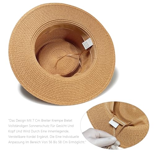 HIQIU Stroh Sommerhut Damen mit Breiter Krempe - UV-Schutz Flat Top Strandhut Damen Strohhut Panamahut für Strand und Reisen (DE/NL/SE/PL, Numerisch, 56, 58, Khaki Hut mit schwarz Band)