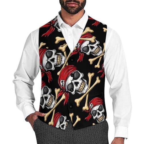 Jolly Roger Skull Men's Suit Vests Dress Vest V-Neck Waistcoat Slim Business Formal with Pocket