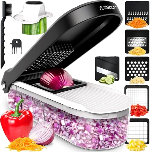 Fullstar Mandoline Slicer for Kitchen - Vegetable Chopper, Onion Potato Food Veggie Fruit Slicer and Cutter with Container, Kitchen Gadgets & Accessories, Home Essentials (6-in-1, White/Black)