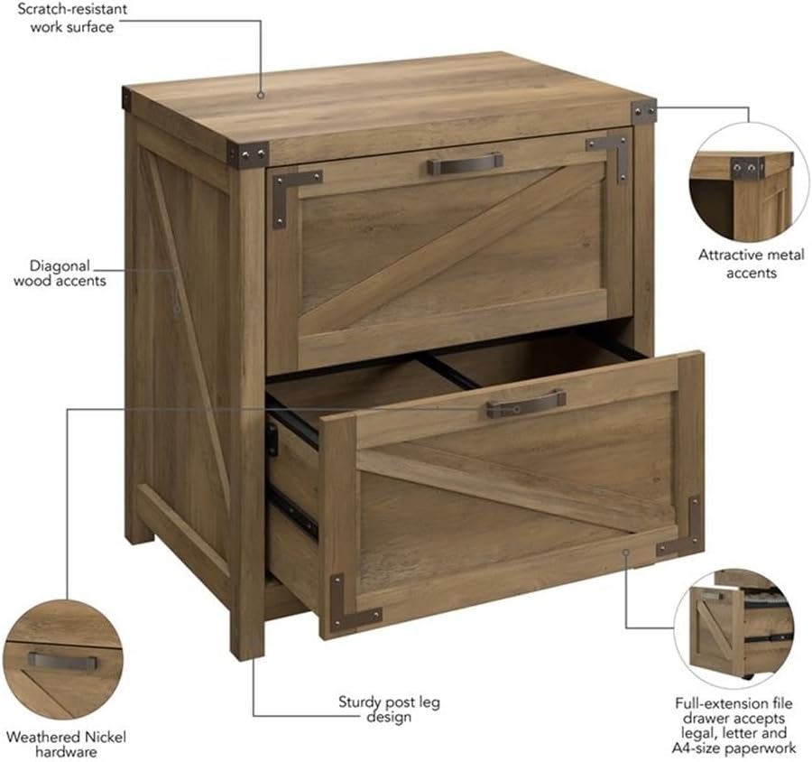 Pemberly Row 2 Drawer Lateral File Cabinet, 29W x 21D x 30H, Reclaimed Pine Finish, Modern Farmhouse Style, Weathered Nickel Hardware, Home Office Filing Cabinet for Letter, Legal, A4 Documents