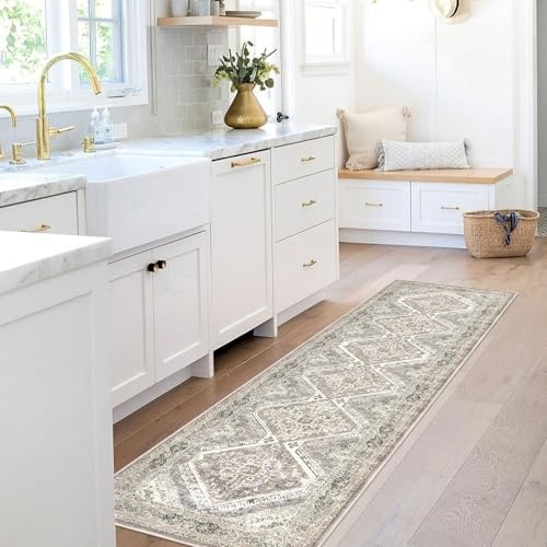 KUTA Oriental Washable Runner Rug, 2x7 Non-Slip Vintage Ivory Grey Yellow Hallway Kitchen Runners Soft Printed Distressed Tribal Farmhouse Floor Carpet Rugs for Laundry Bedroom Living Room