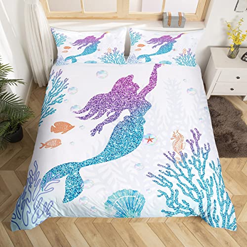 Mermaid Bedding Set Full For Girls Kids Mermaid Princess Bedroom Decor Blue Purple Sequins Fish Scales Duvet Cover Girly Gradient Comforter Cover 3 Pcs Sea Animal Starfish Seahorse Decor Bedding #TOP1