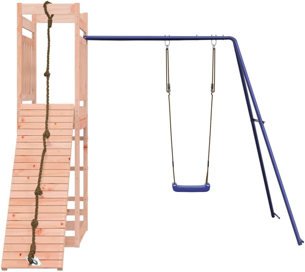 Outdoor Wooden Playset with Climbing Wall and Swing, Solid Douglas Fir Wood Rustic Design for Backyard, Sturdy A-Shaped Legs and Polypropylene Swing Seat