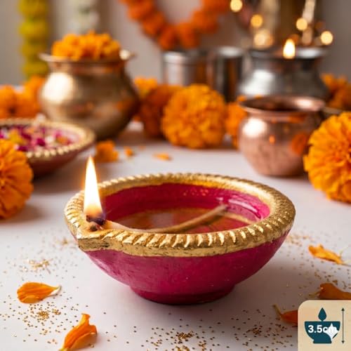 Image of Pure Source India Traditional Handmade Earthen Clay Big Size Diya for Laxmi Poojan, 4 Pieces | Elegant Blue Color (4 Pieces) - Premium Terracotta Akhand Jyot for Diwali, Puja & Festive Decor (Pink)