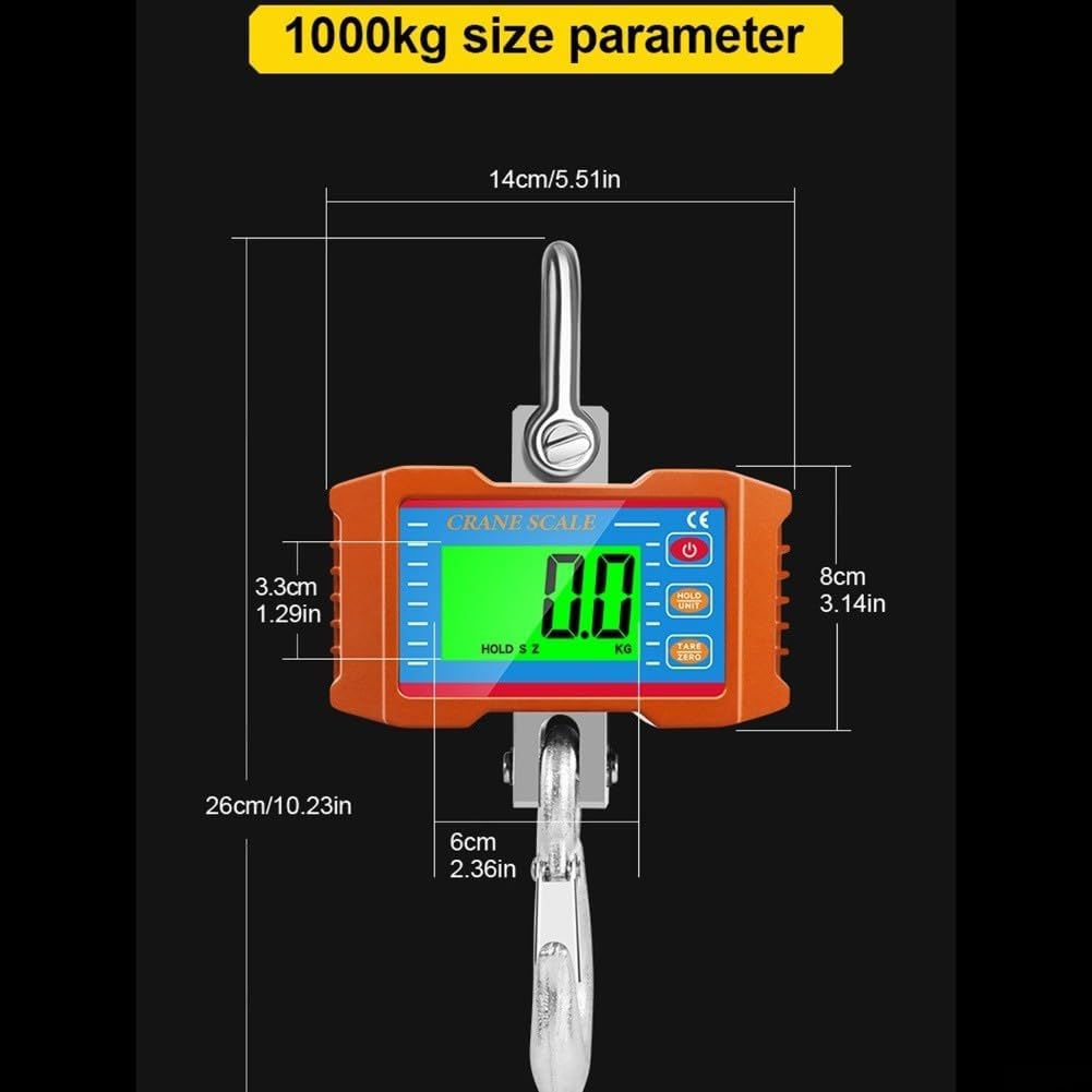 Bilancia elettronica resistente per gru, carico massimo 1000 kg, pesatrice digitale sospesa con schermo retroilluminato, per magazzini, logistica e attività agricole, colore nero