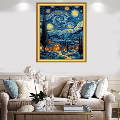 Image of Foxnyart Stamped Cross Stitch Kits Full Range of Embroidery Needlework Starter Kits for Beginners Adults 11CT Embroidery Patterns Art Crafts DIY Needlepoint Kit-Van Gogh Starry Sky Home 16x20 inchs